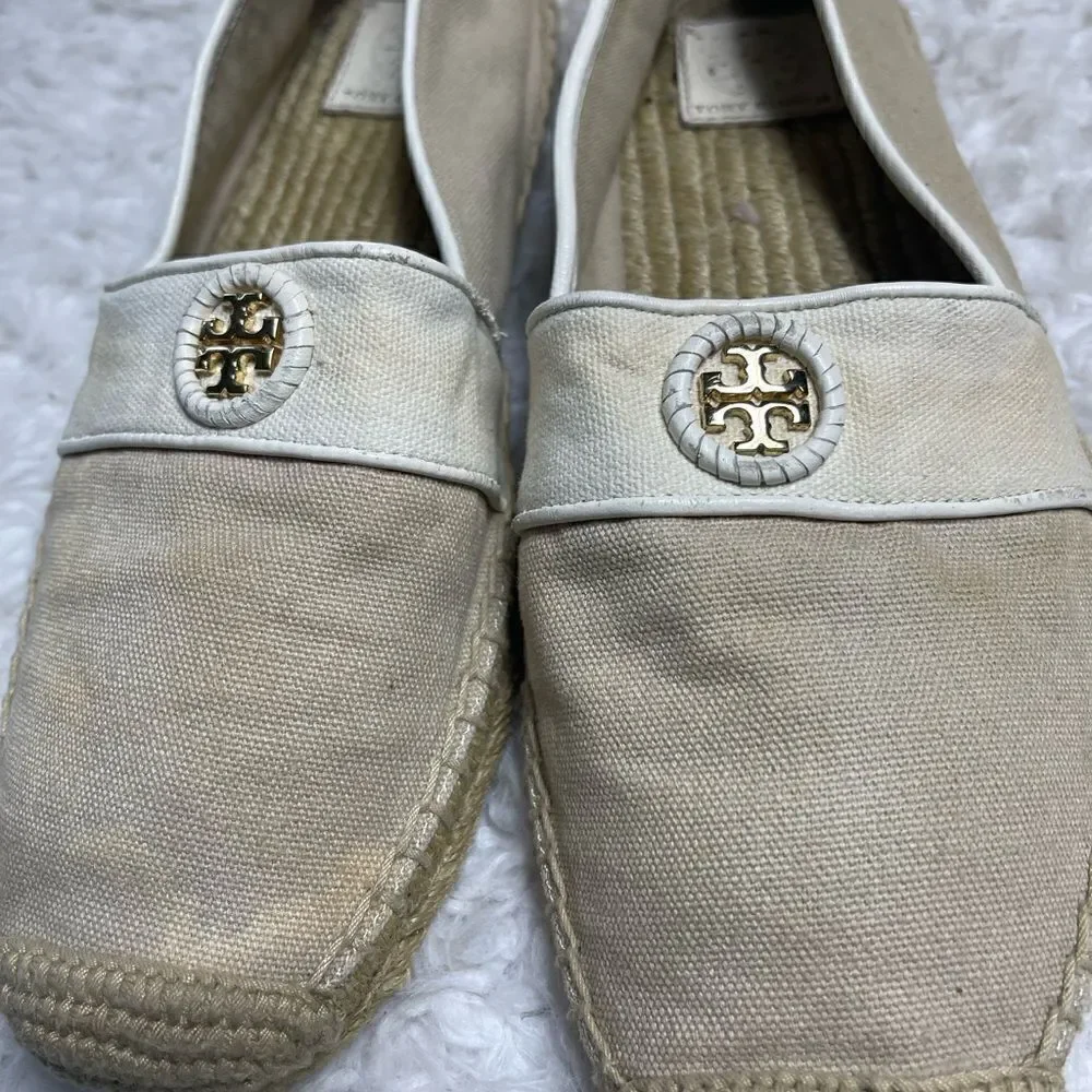 Tory Burch Canvas Khaki & beige espadrilles slip on gold tone logo accent SZ9.5